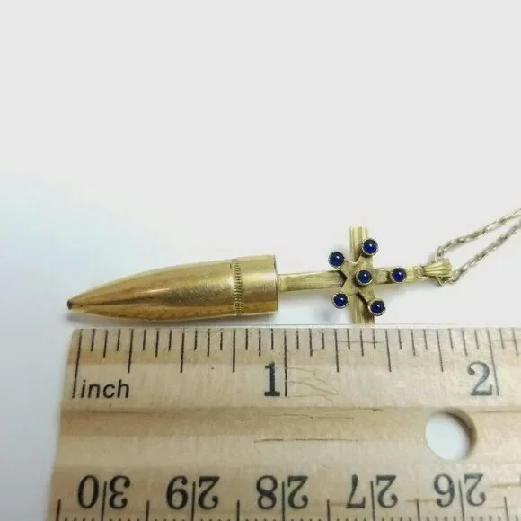 Vintage Trench Art Style Cross Pendant Necklace, Bullet Gold Tone, Chain, Estate